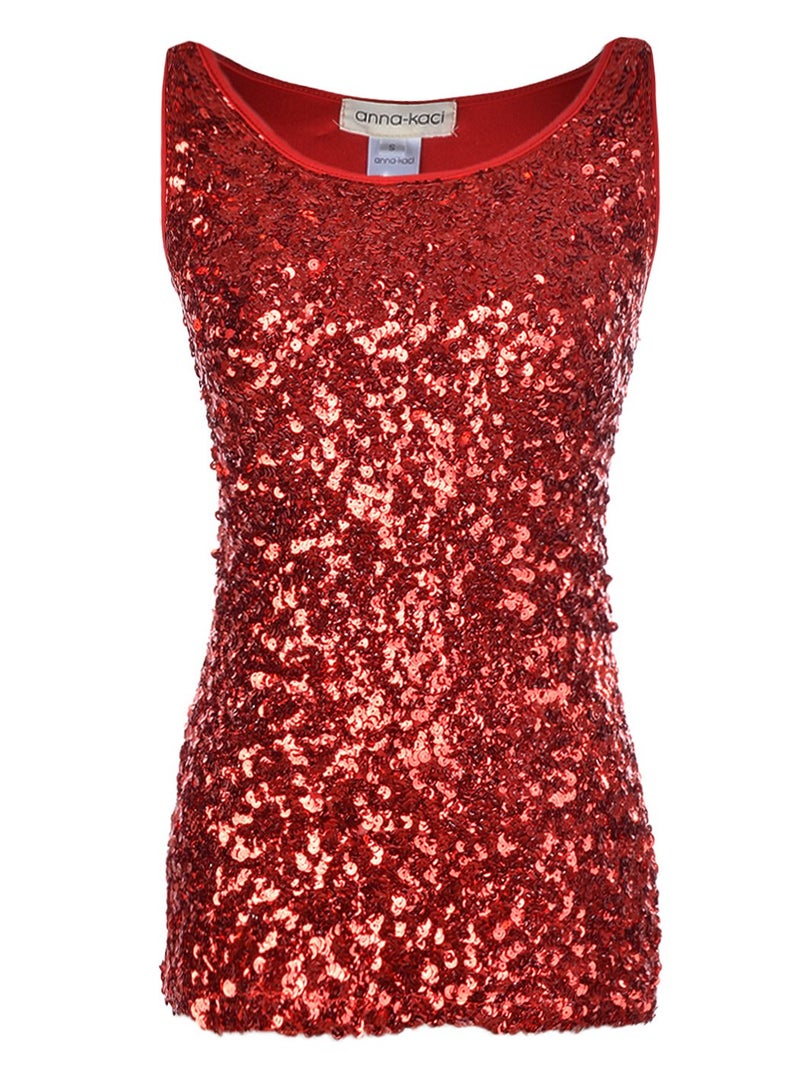 Anna-Kaci Womens Sparkle & Shine Glitter Sequin Sleeveless Round Neck Tank Top, Red, Small - Image 1